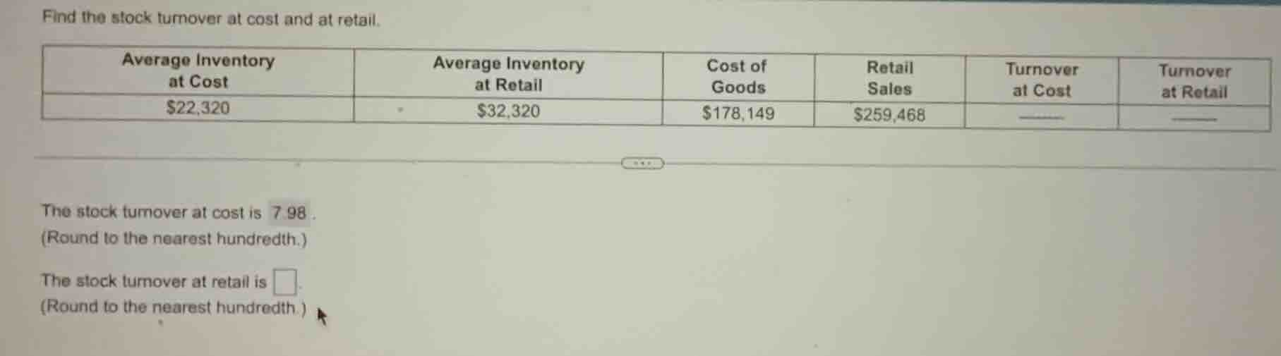 find the stock turnover at cost and at retail. average inventory at cos…