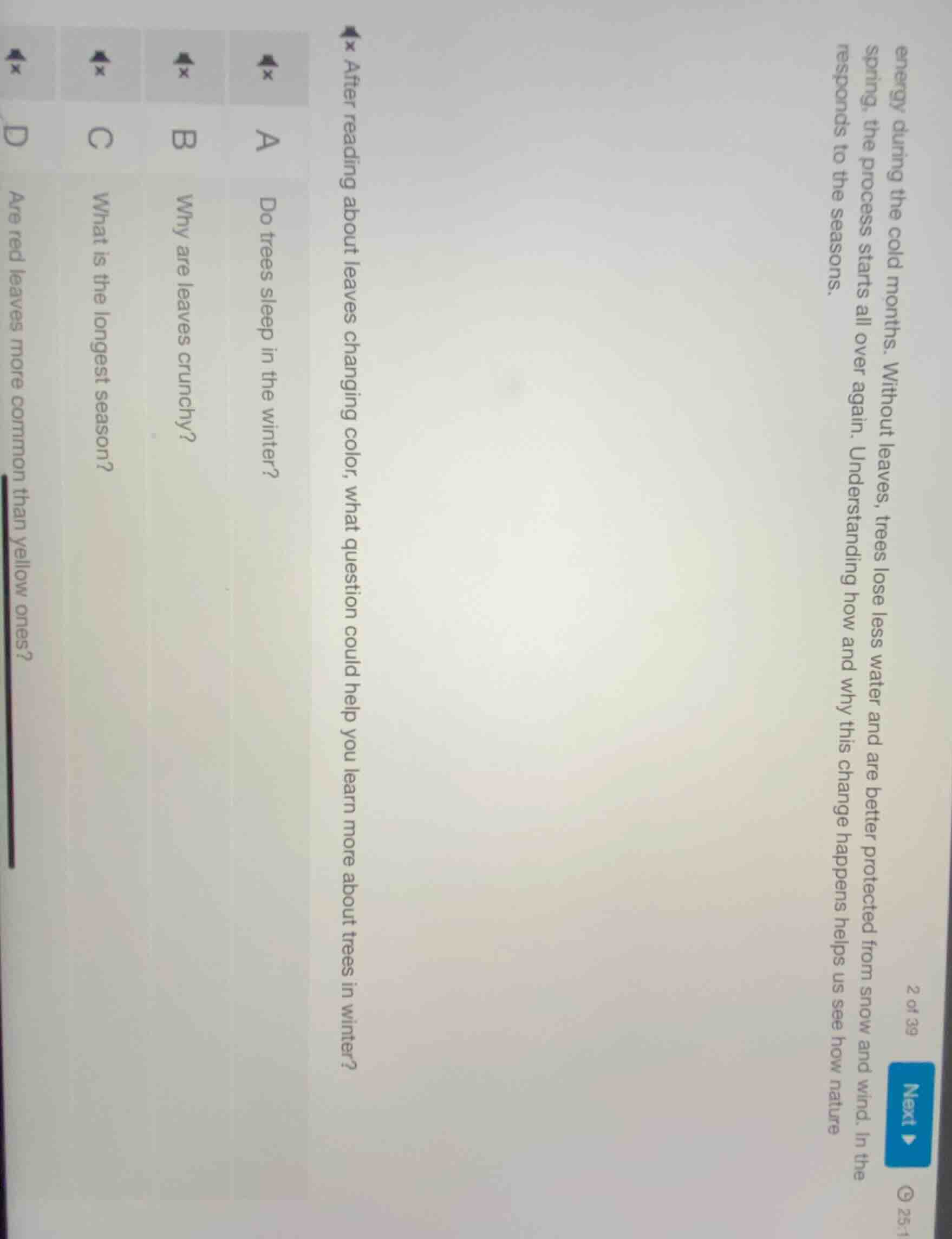 after reading about leaves changing color, what question could help you…