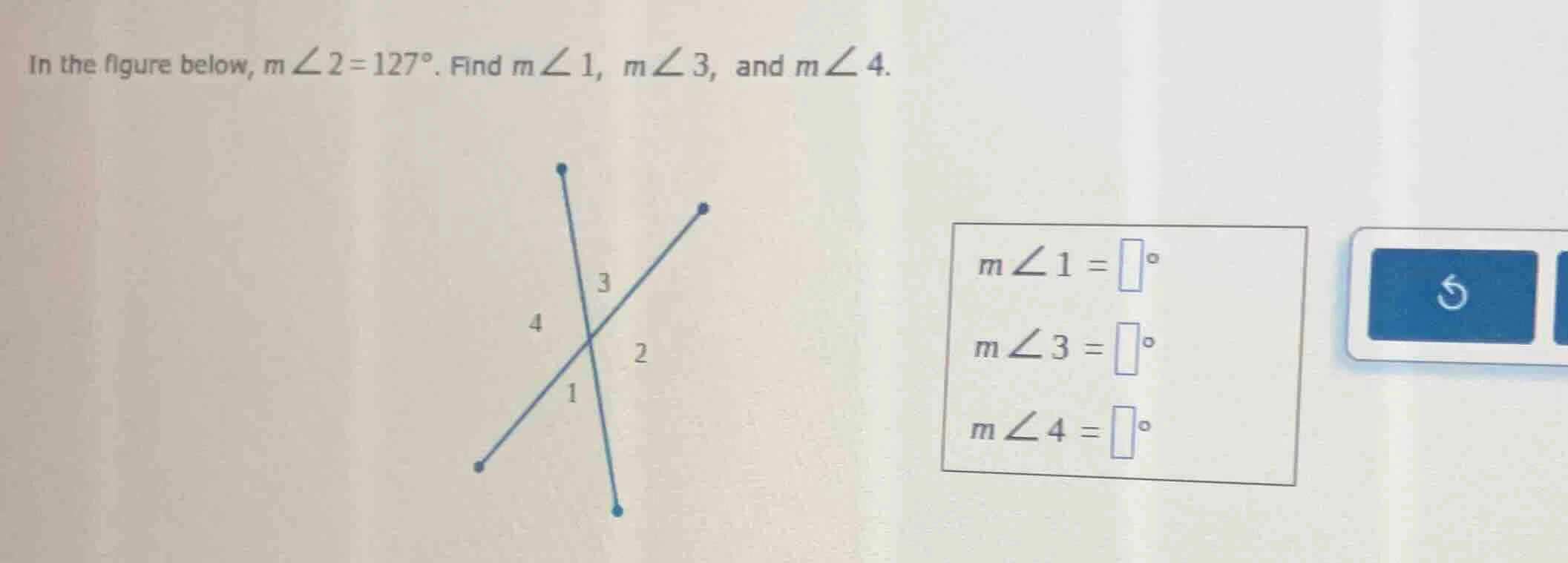 in the figure below, ( mangle 2 = 127^circ ). find ( mangle 1 ), ( mang…