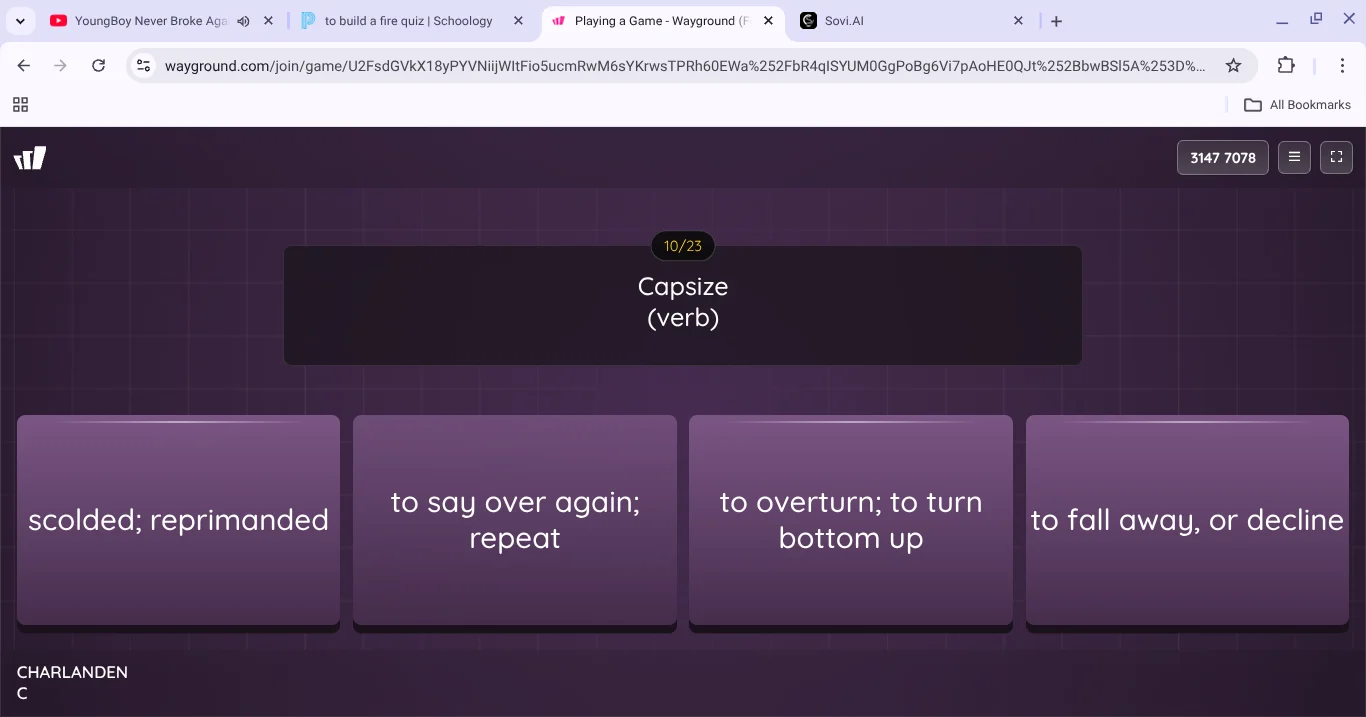 capsize (verb) scolded; reprimanded to say over again; repeat to overtu…