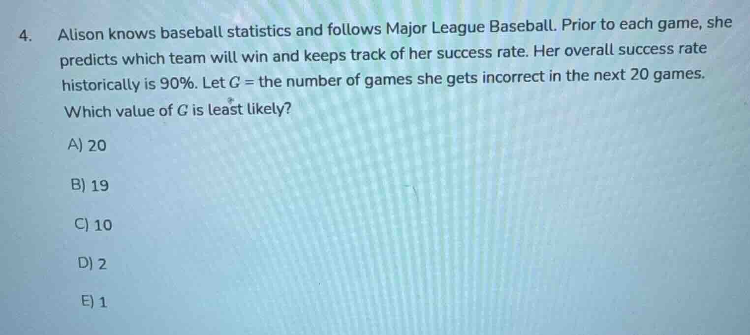 4. alison knows baseball statistics and follows major league baseball. …