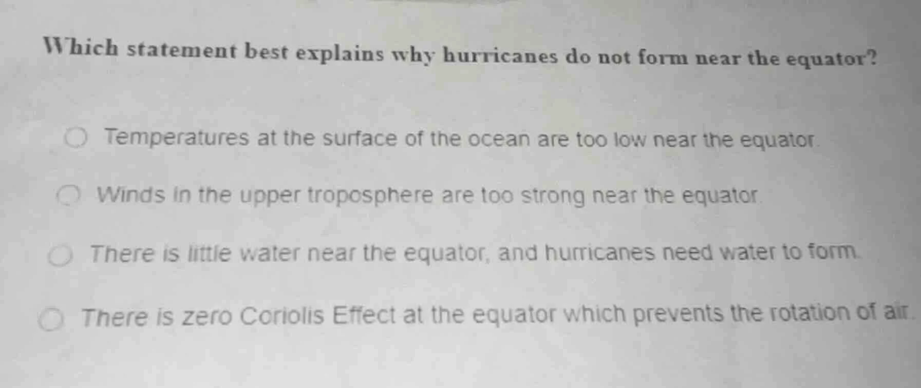 which statement best explains why hurricanes do not form near the equat…