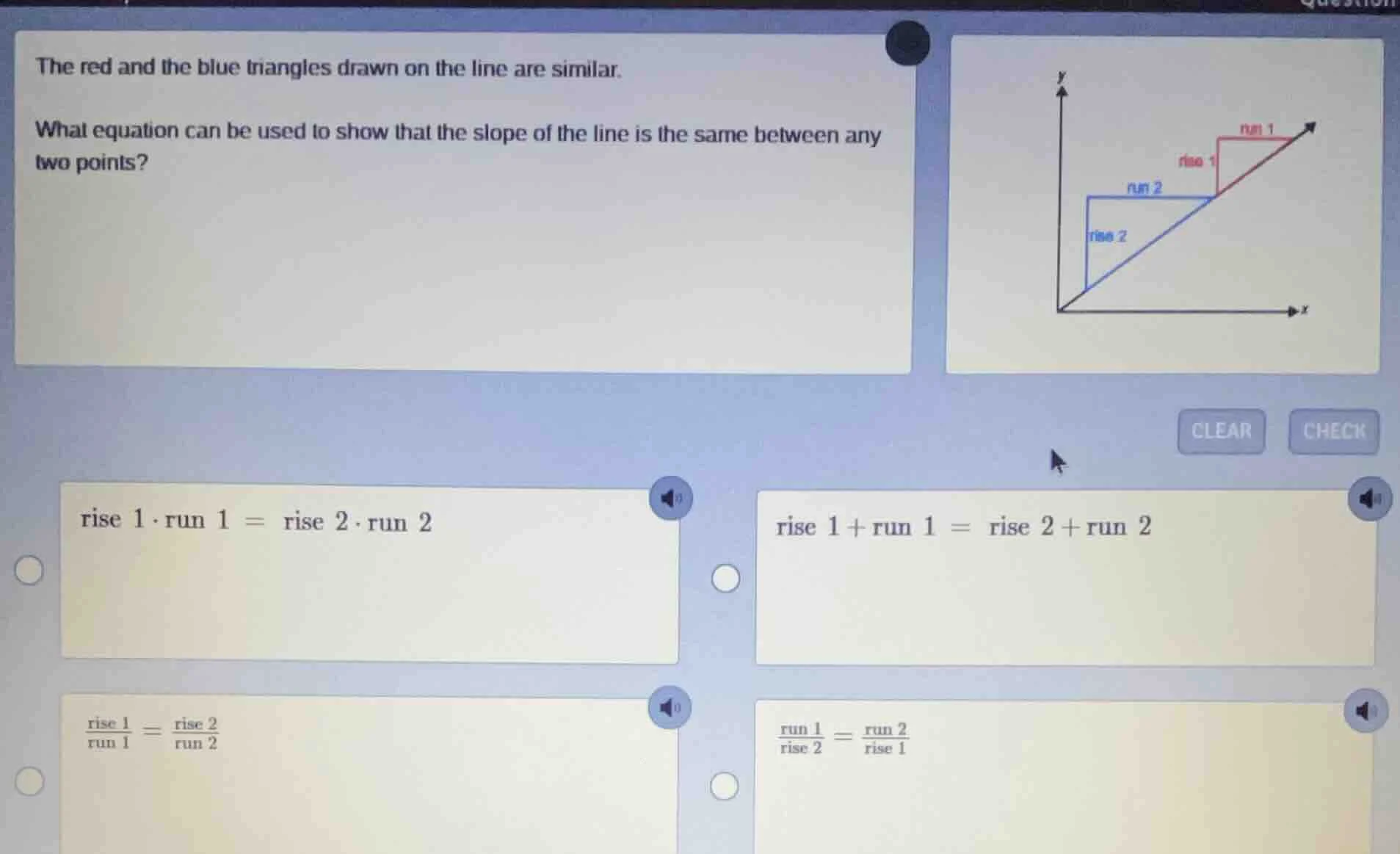 the red and the blue triangles drawn on the line are similar. what equa…