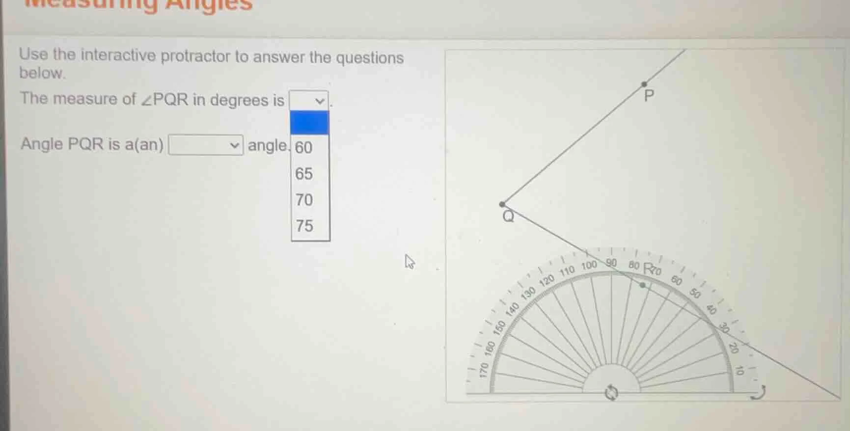 measuring angles use the interactive protractor to answer the questions…