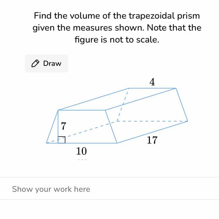 find the volume of the trapezoidal prism given the measures shown. note…