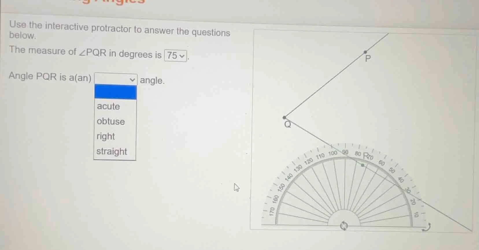 use the interactive protractor to answer the questions below. the measu…