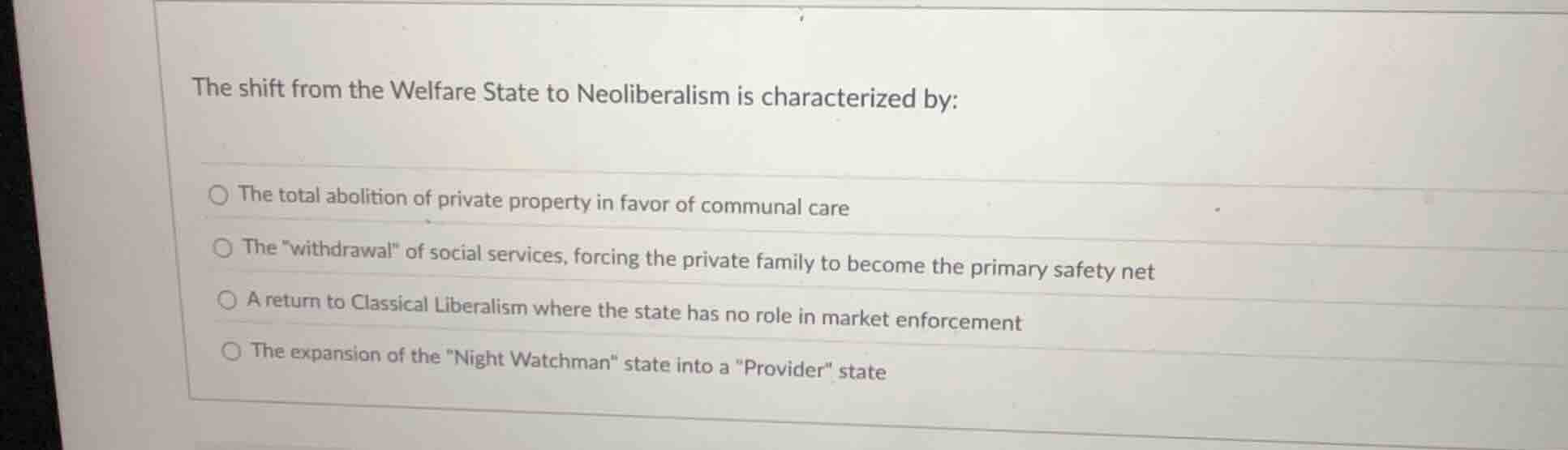 the shift from the welfare state to neoliberalism is characterized by: …