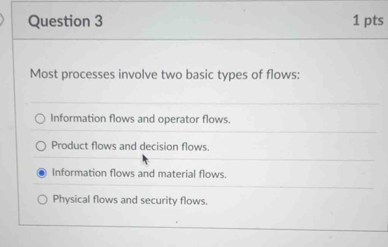 question 3 1 pts most processes involve two basic types of flows: infor…