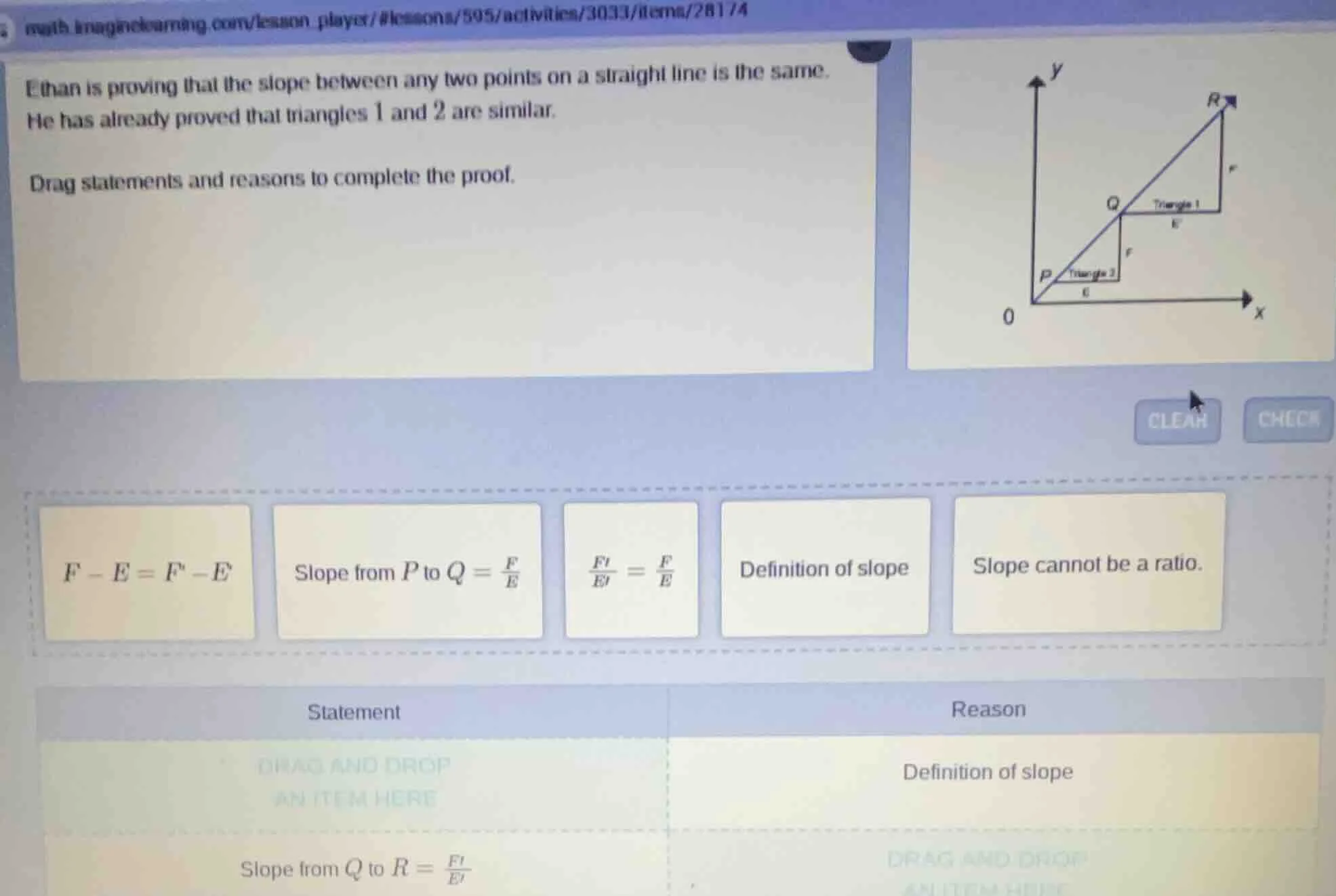 ethan is proving that the slope between any two points on a straight li…