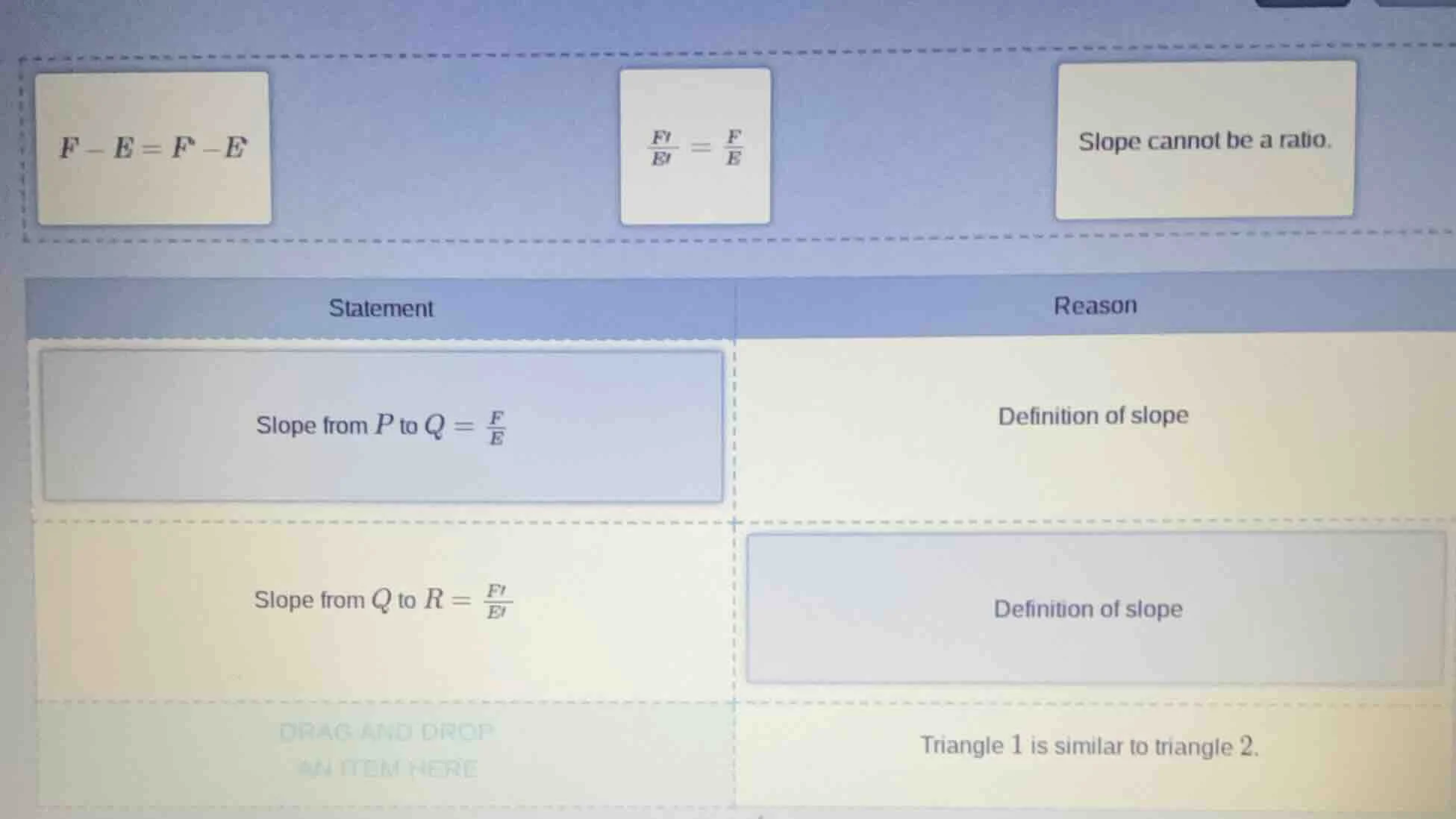 f - e = f - e \\frac{f}{e} = \\frac{f}{e} slope cannot be a ratio. stat…