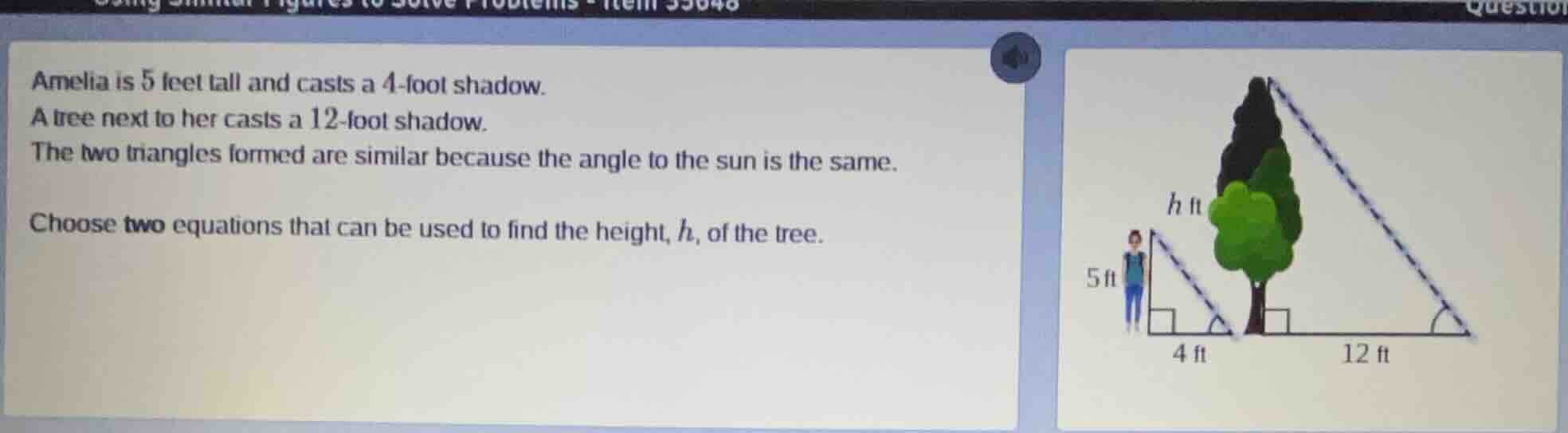 amelia is 5 feet tall and casts a 4 - foot shadow. a tree next to her c…