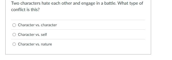 two characters hate each other and engage in a battle. what type of con…