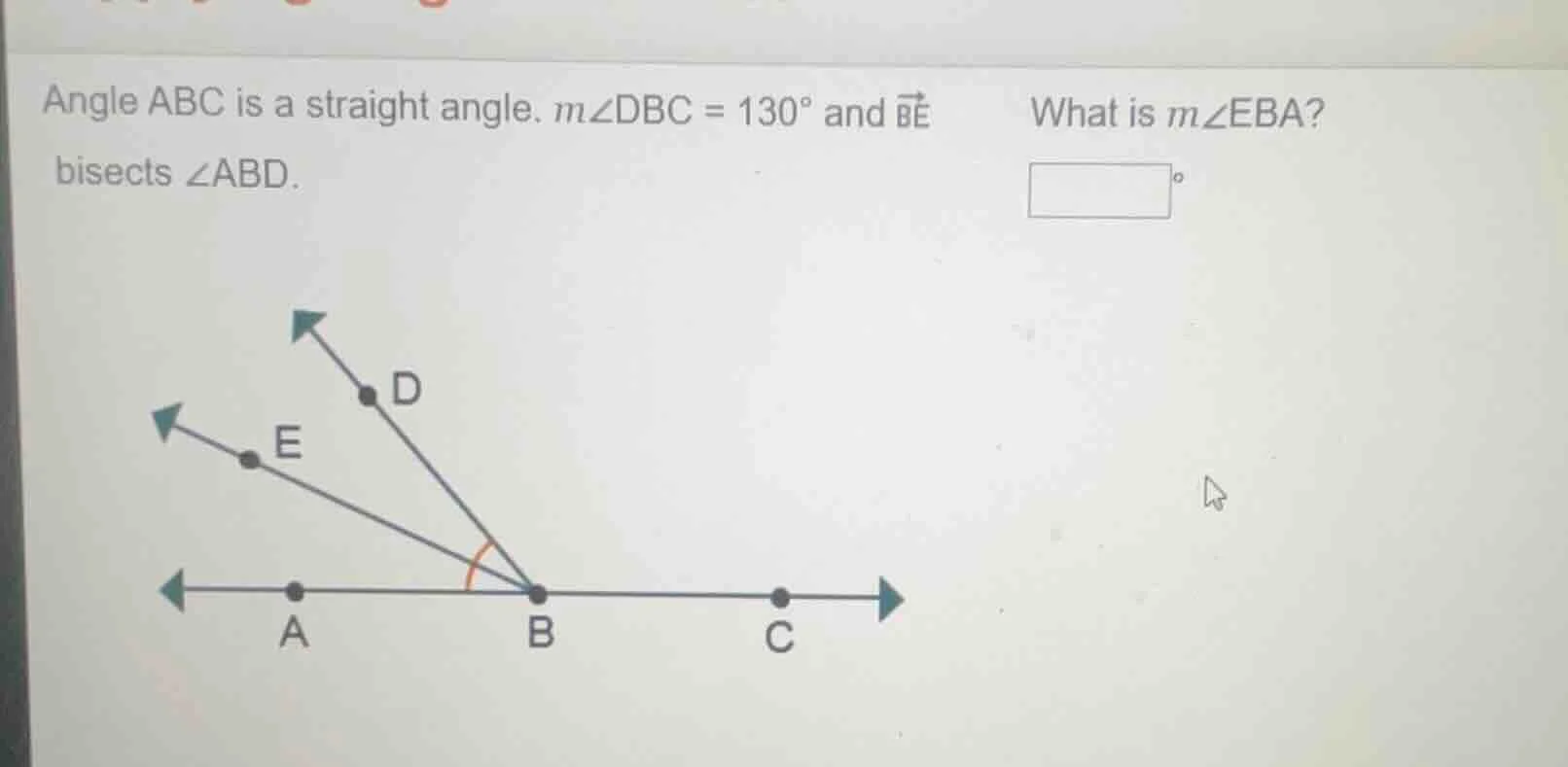 angle abc is a straight angle. ( mangle dbc = 130^circ ) and ( overrigh…
