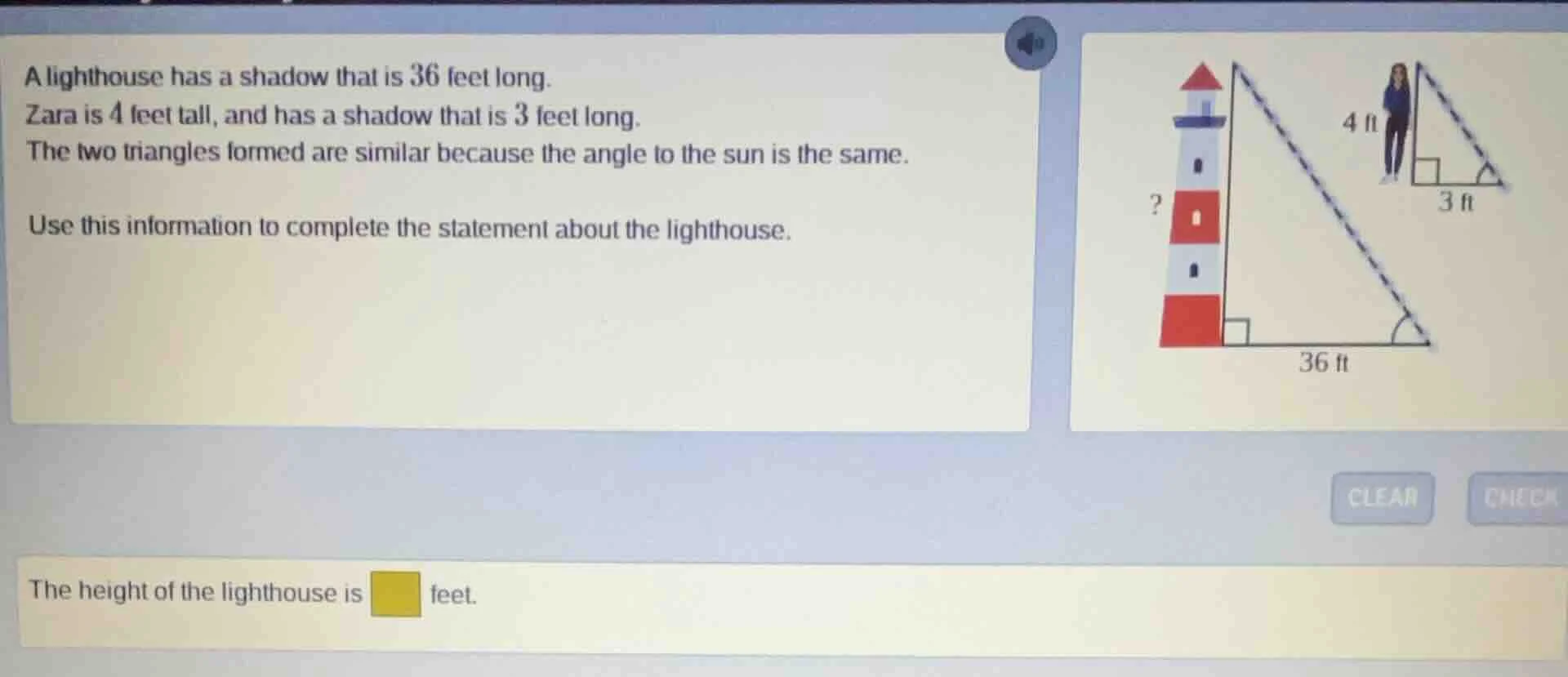 a lighthouse has a shadow that is 36 feet long. zara is 4 feet tall, an…