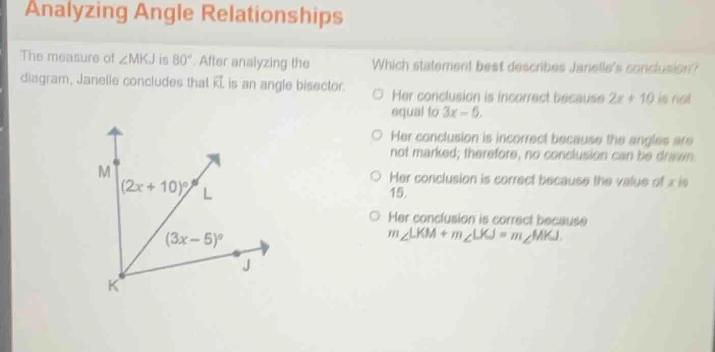 analyzing angle relationships the measure of $\\angle mkj$ is $80^\\cir…