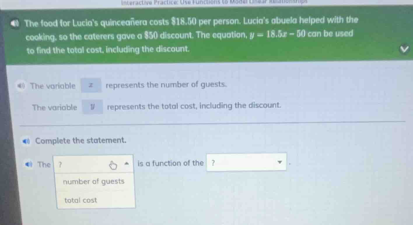 interactive practice: use functions to model linear relationships the f…