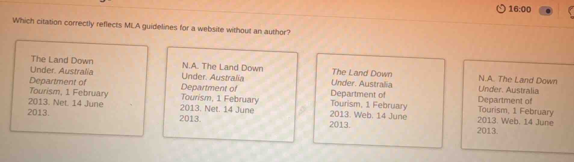 which citation correctly reflects mla guidelines for a website without …
