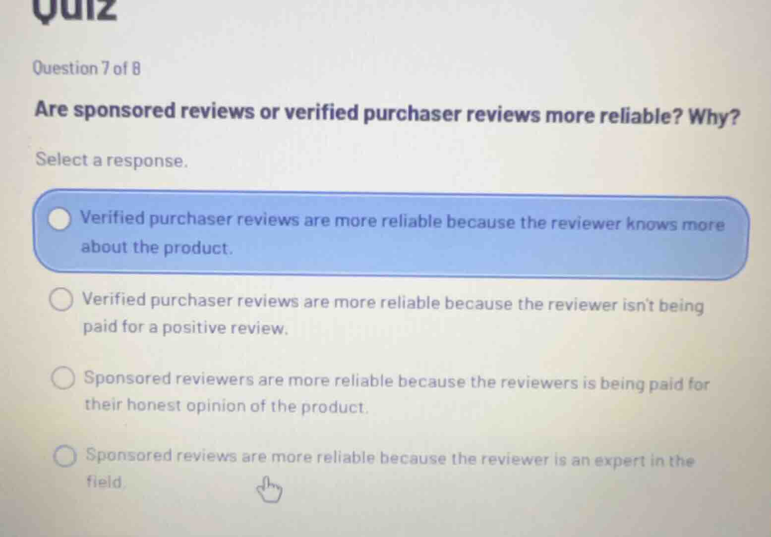 question 7 of 8 are sponsored reviews or verified purchaser reviews mor…