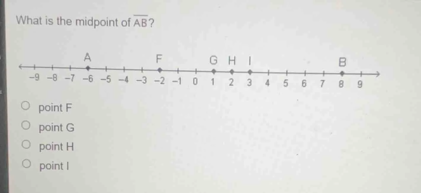 what is the midpoint of \\(\\overline{ab}\\)?\ \ \\(\\circ\\) point f\ …