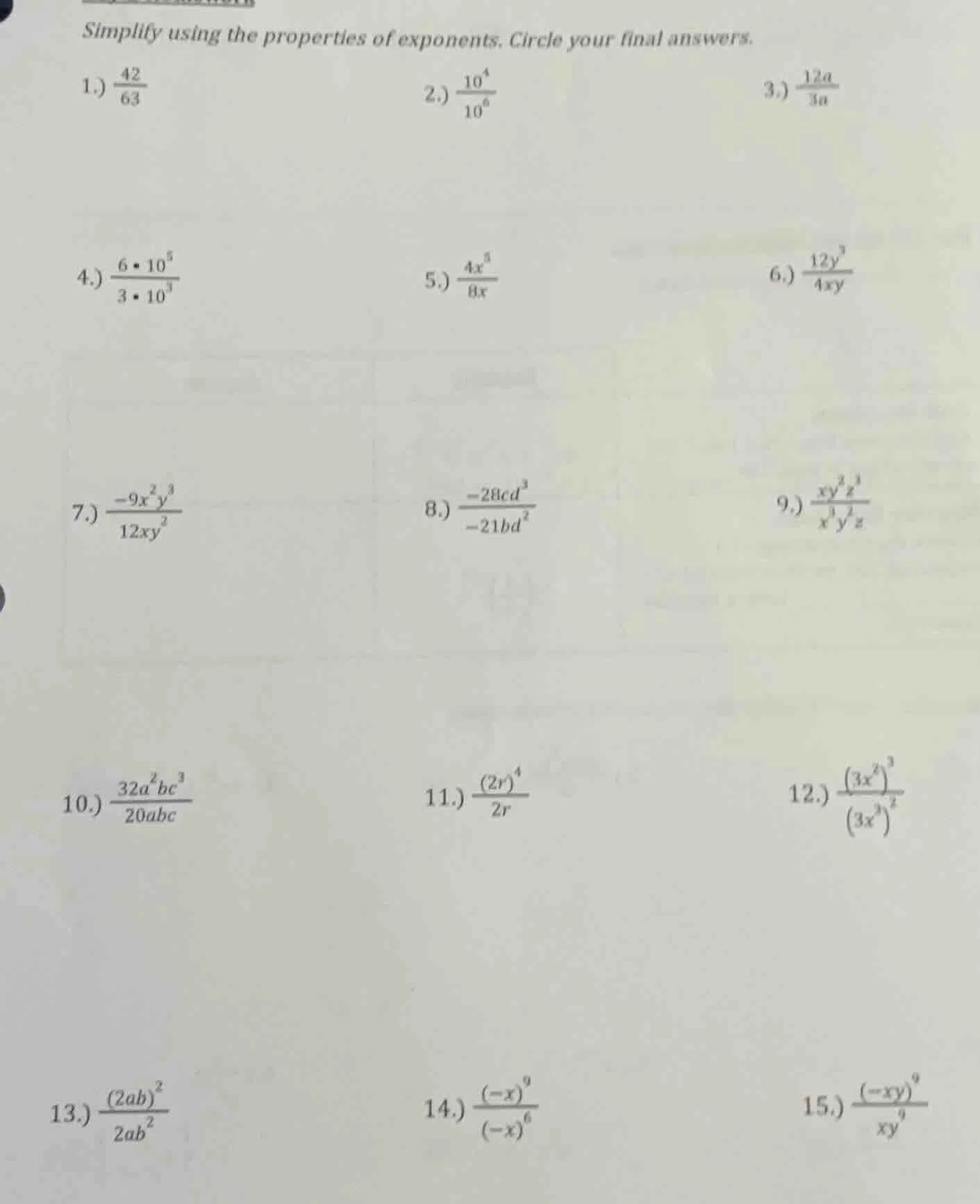 simplify using the properties of exponents. circle your final answers. …