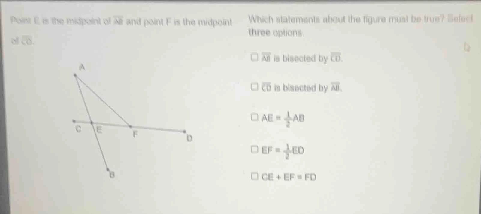 point e is the midpoint of \\(\\overline{ab}\\) and point f is the midp…