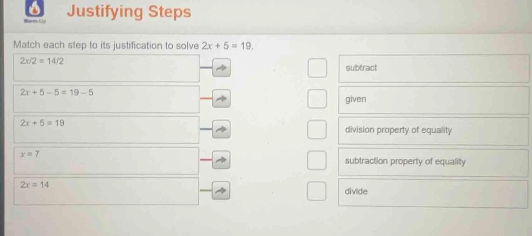 justifying steps match each step to its justification to solve $2x + 5 …