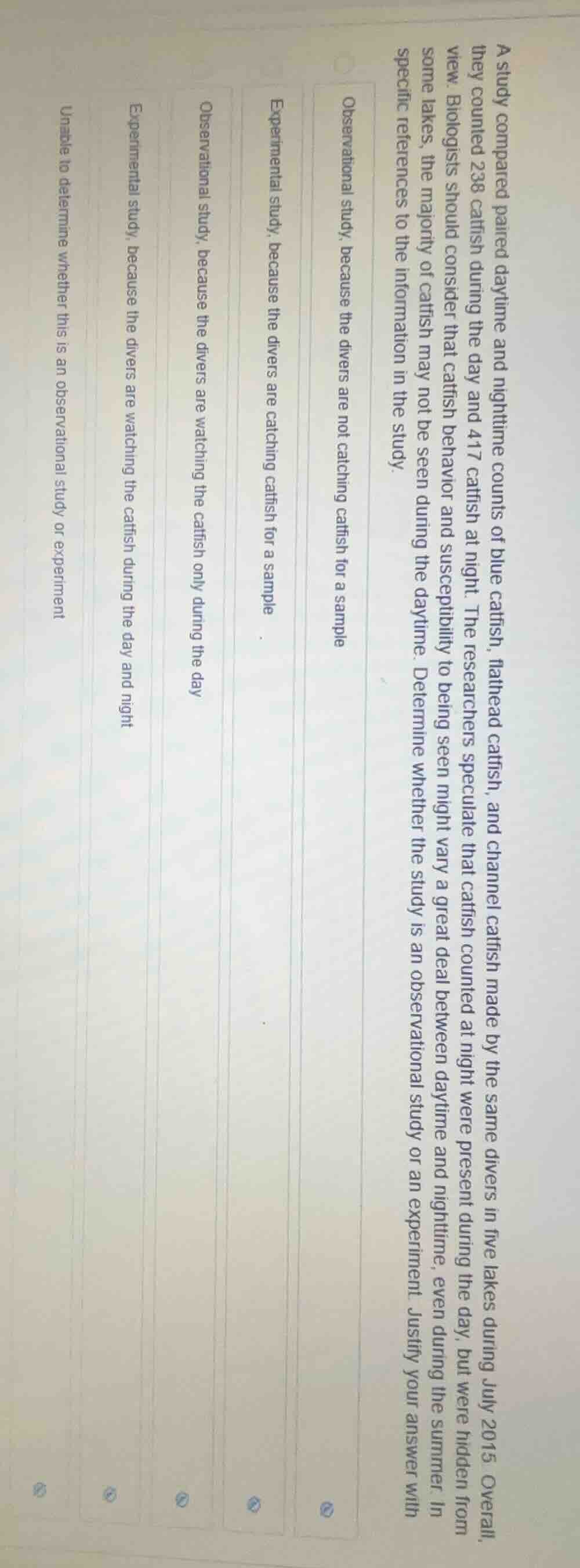 a study compared paired daytime and nighttime counts of blue catfish, f…