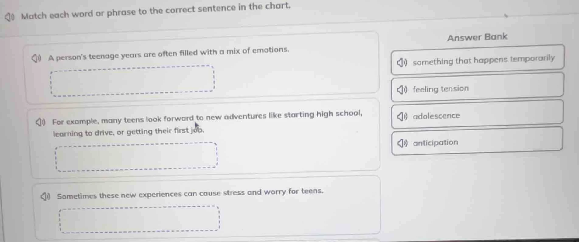 match each word or phrase to the correct sentence in the chart. a perso…