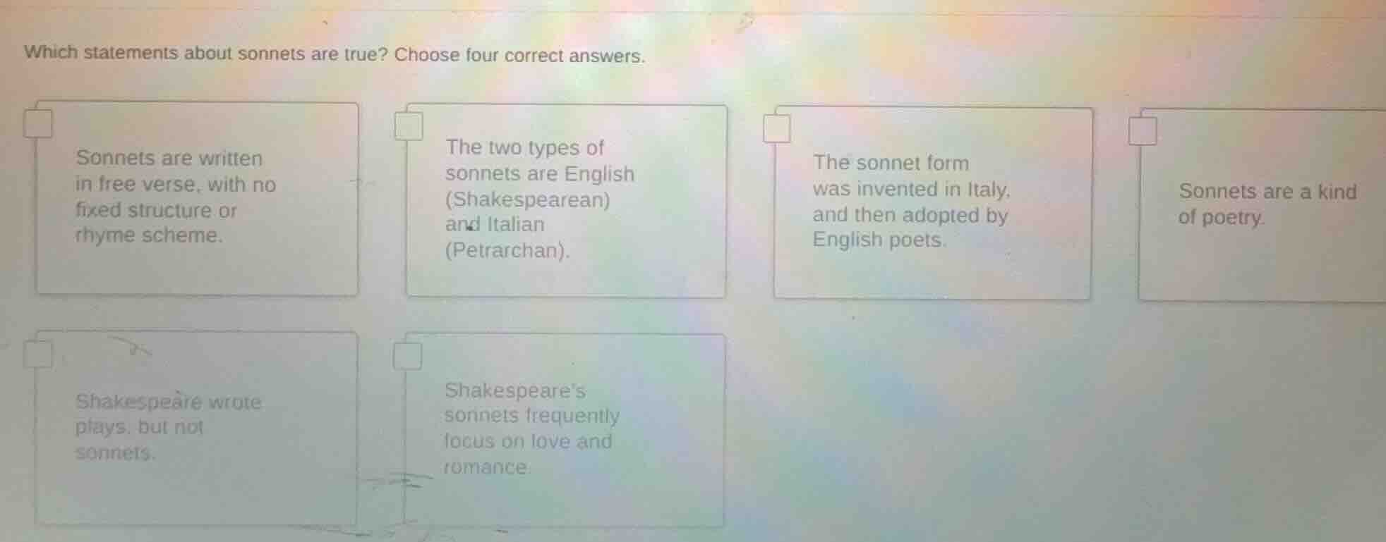 which statements about sonnets are true? choose four correct answers. s…