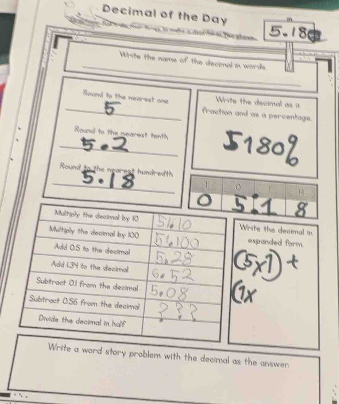 decimal of the day 5.18 write the name of the decimal in words. round t…