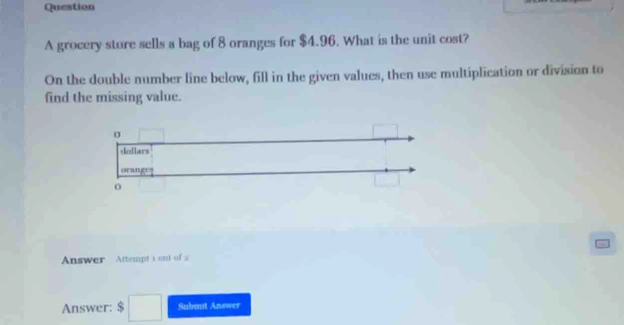 question a grocery store sells a bag of 8 oranges for $4.96. what is th…
