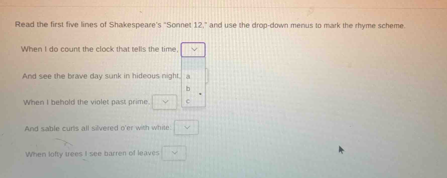 read the first five lines of shakespeare’s “sonnet 12,” and use the dro…