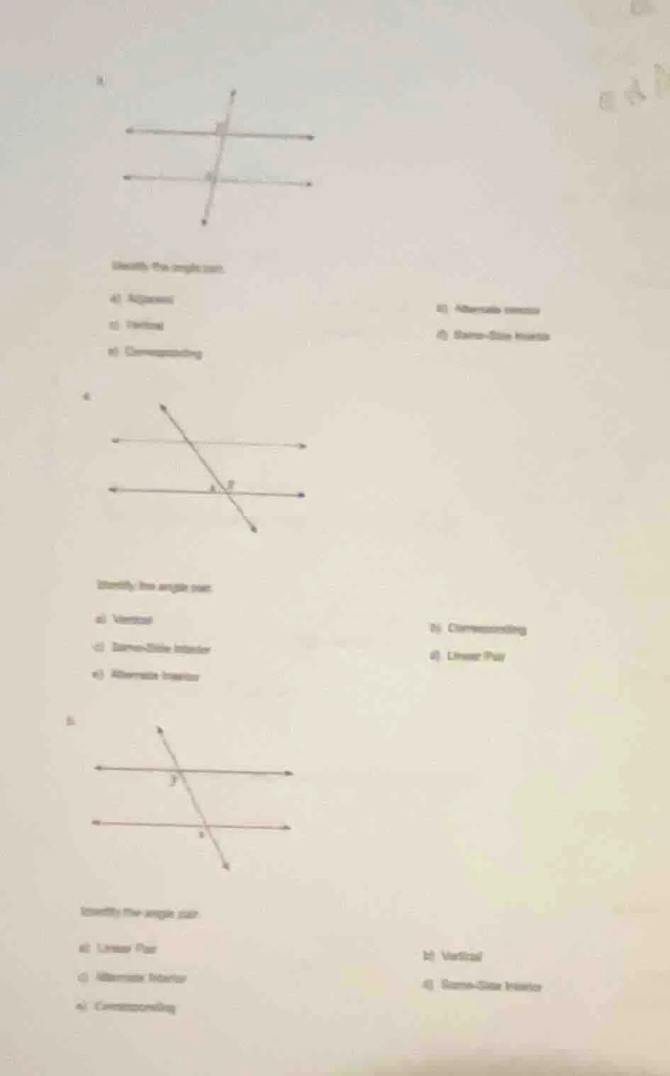 identify the angle pair. a) adjacent b) vertical c) corresponding d) al…