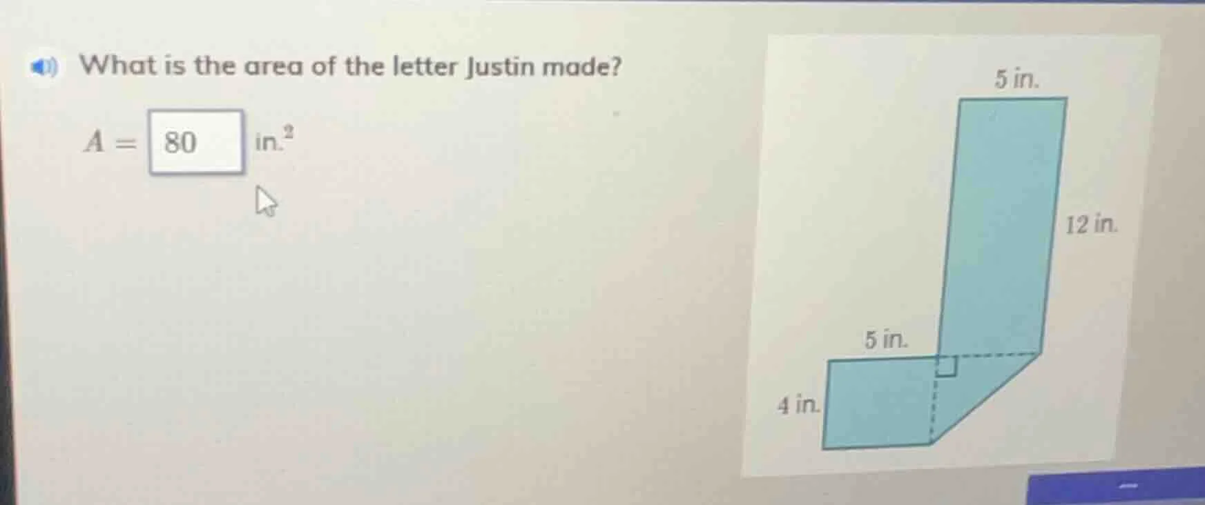 what is the area of the letter justin made? a = 80 in.²