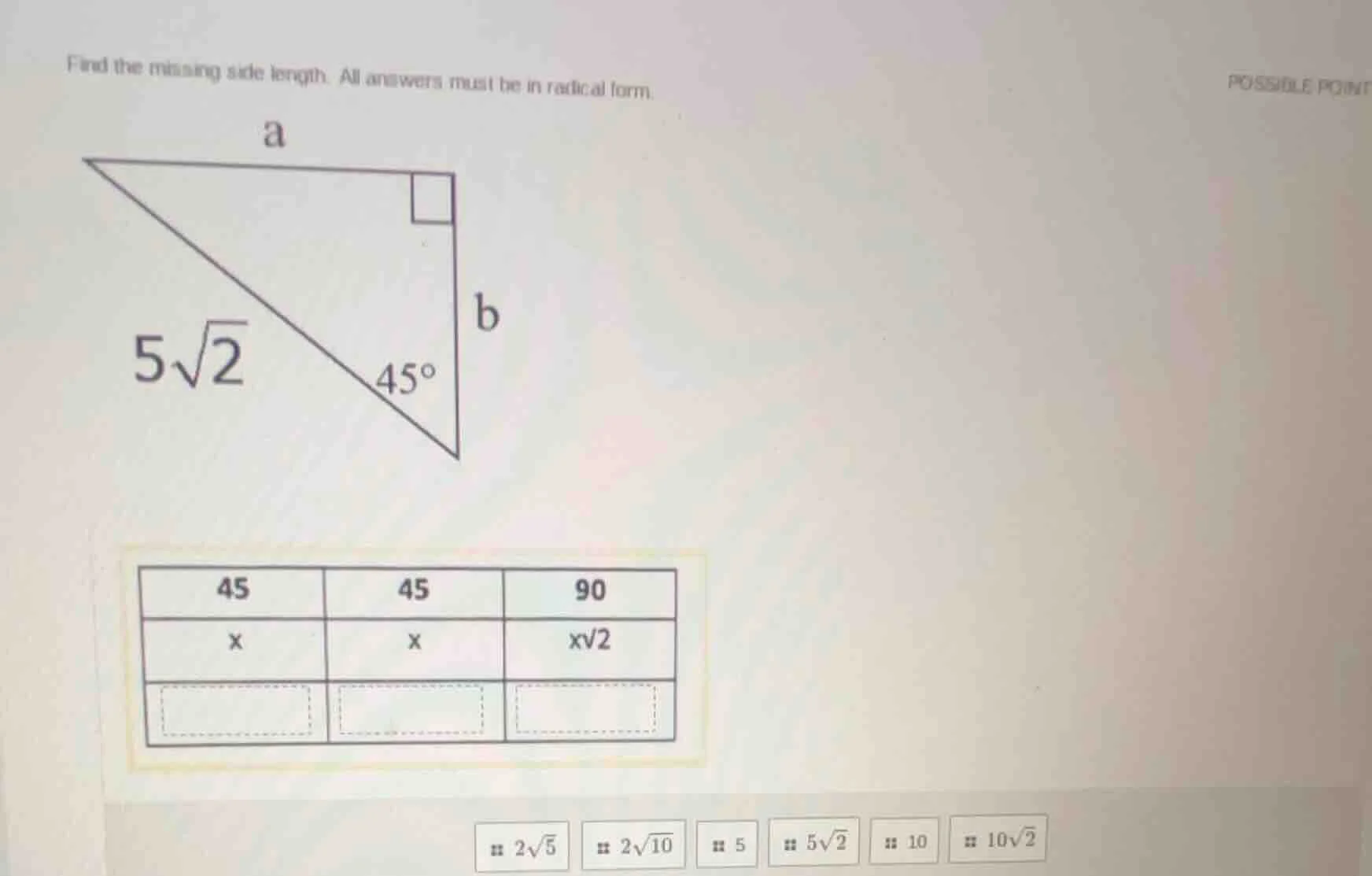 find the missing side length. all answers must be in radical form. (the…