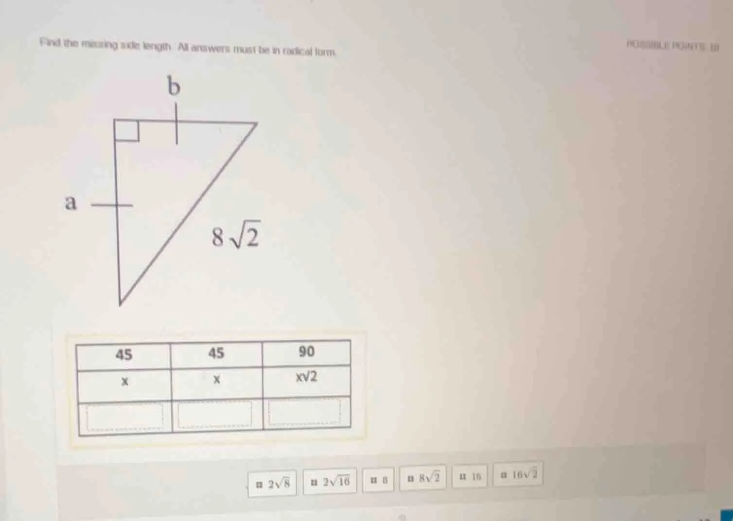 find the missing side length. all answers must be in radical form. poss…