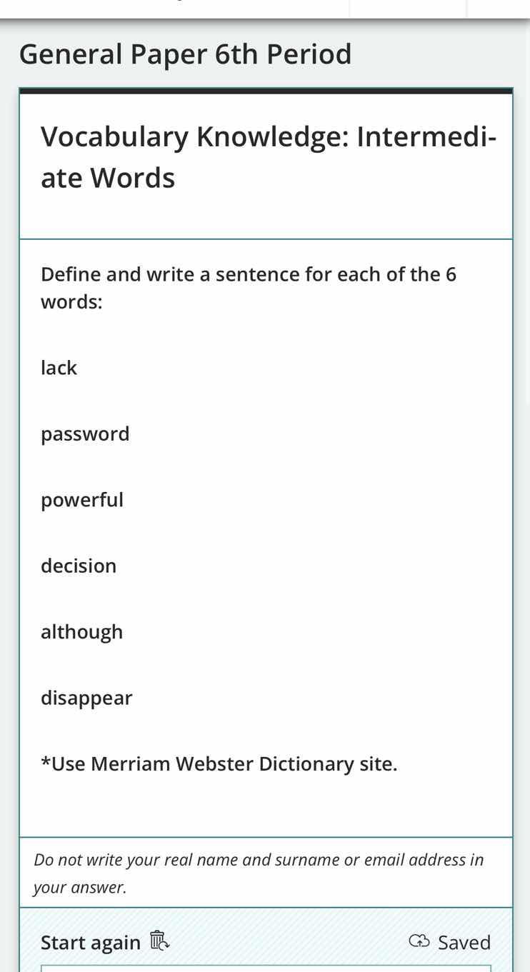 general paper 6th period vocabulary knowledge: intermediate words defin…