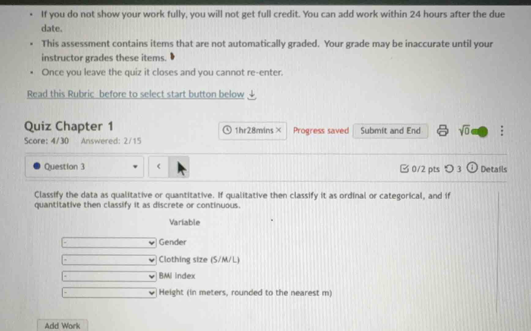 if you do not show your work fully, you will not get full credit. you c…
