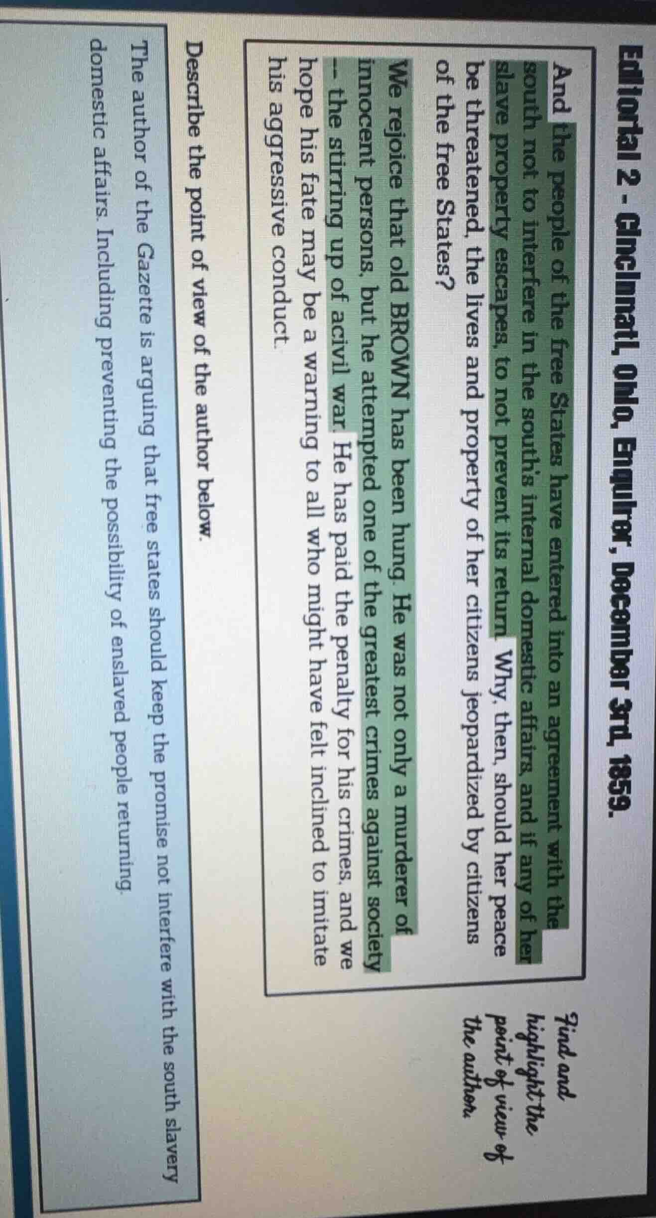 editorial 2 - cincinnati, ohio, enquirer, december 3rd, 1859. and the p…