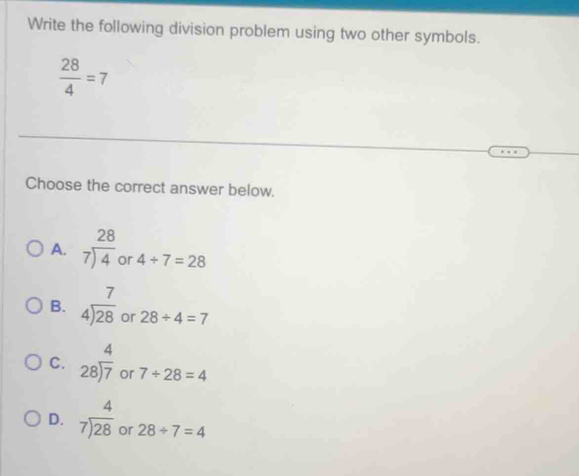 write the following division problem using two other symbols. \\(\\frac…