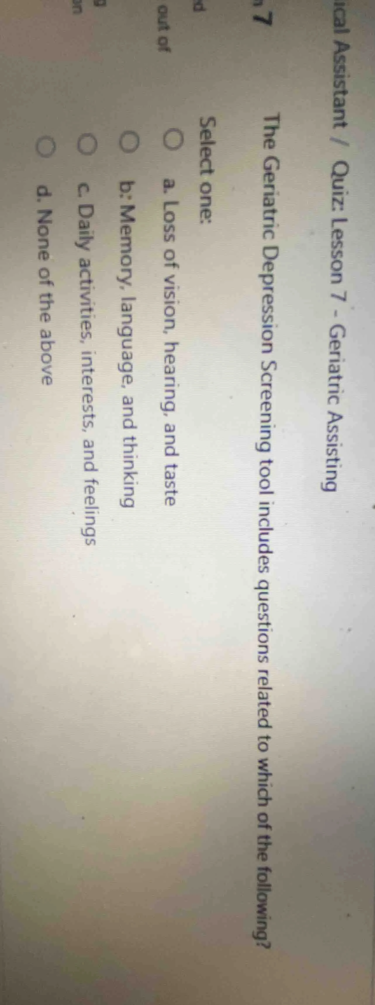 ical assistant / quiz: lesson 7 - geriatric assisting 7 the geriatric d…