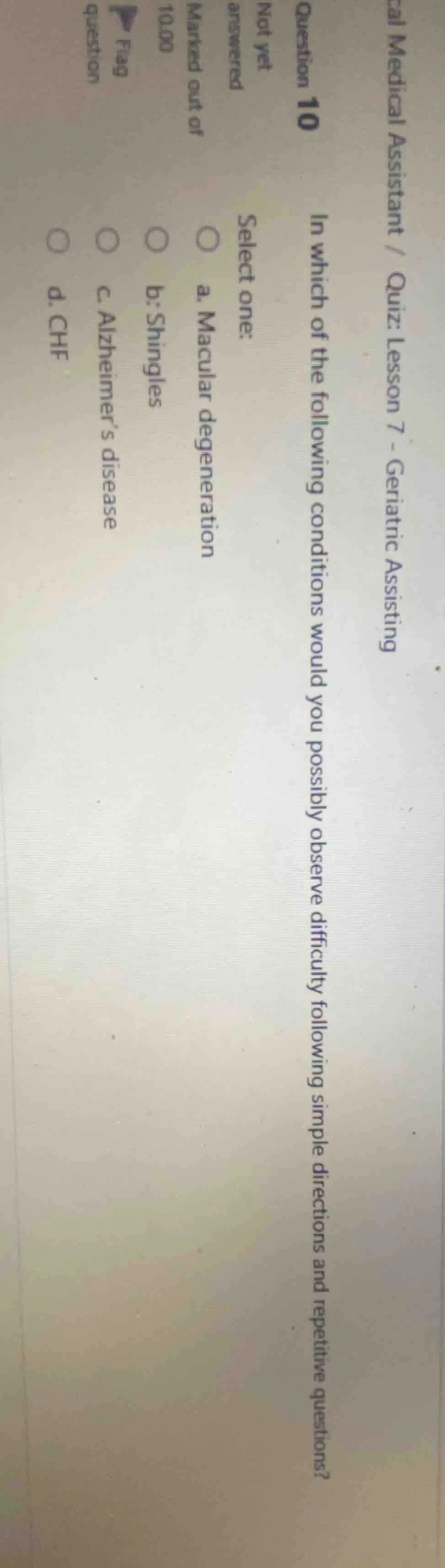 cal medical assistant / quiz: lesson 7 - geriatric assisting question 1…