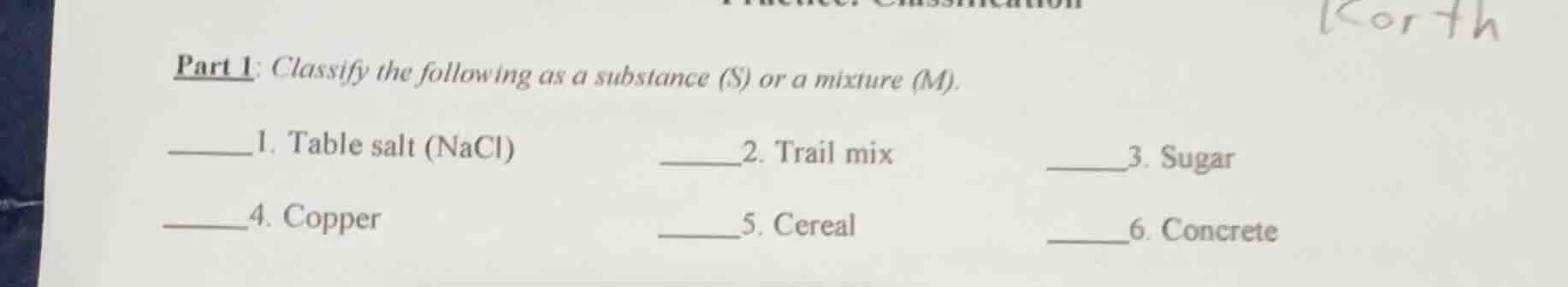 part 1: classify the following as a substance (s) or a mixture (m). ___…