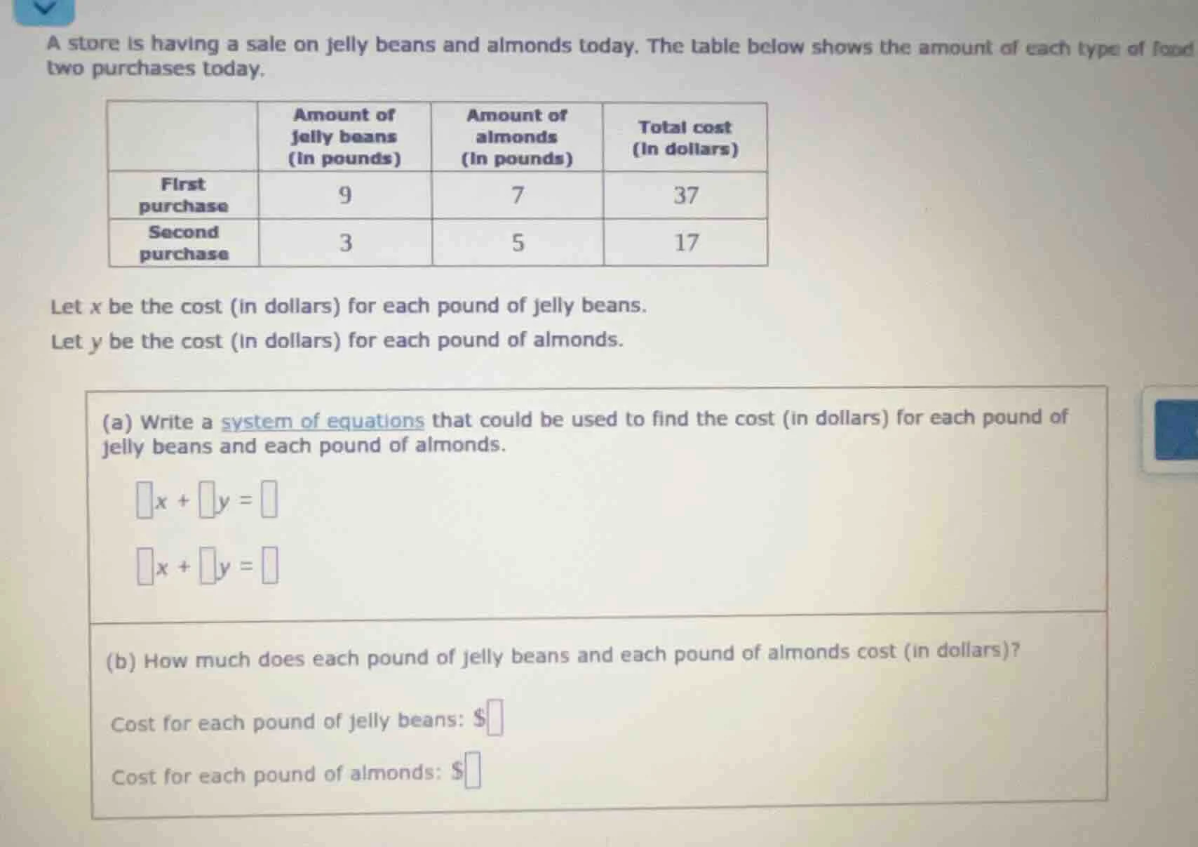 a store is having a sale on jelly beans and almonds today. the table be…