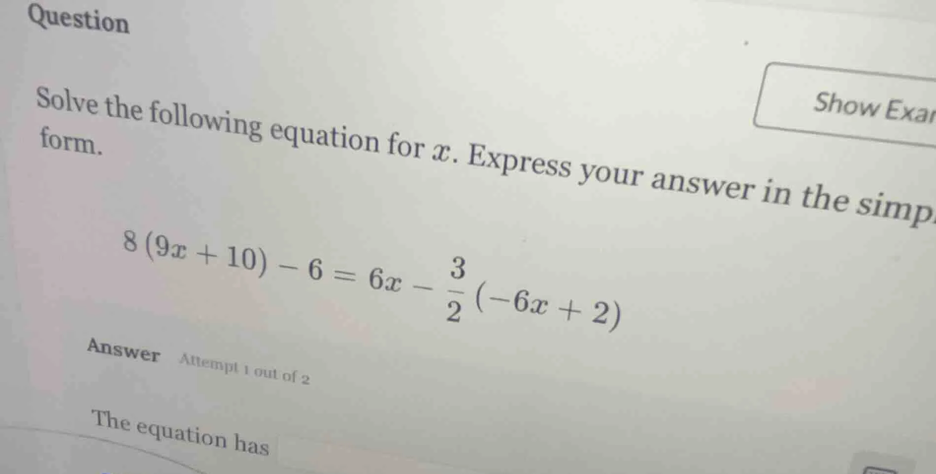 question solve the following equation for ( x ). express your answer in…