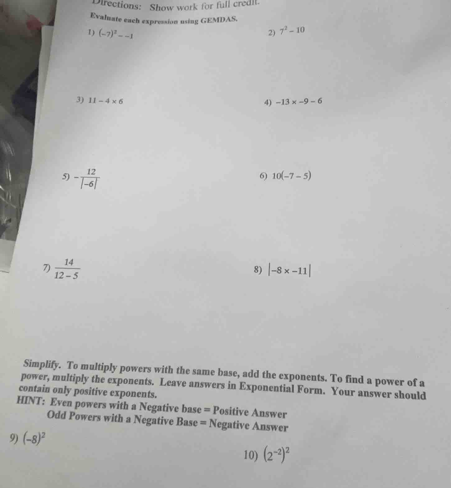 directions: show work for full credit. evaluate each expression using g…