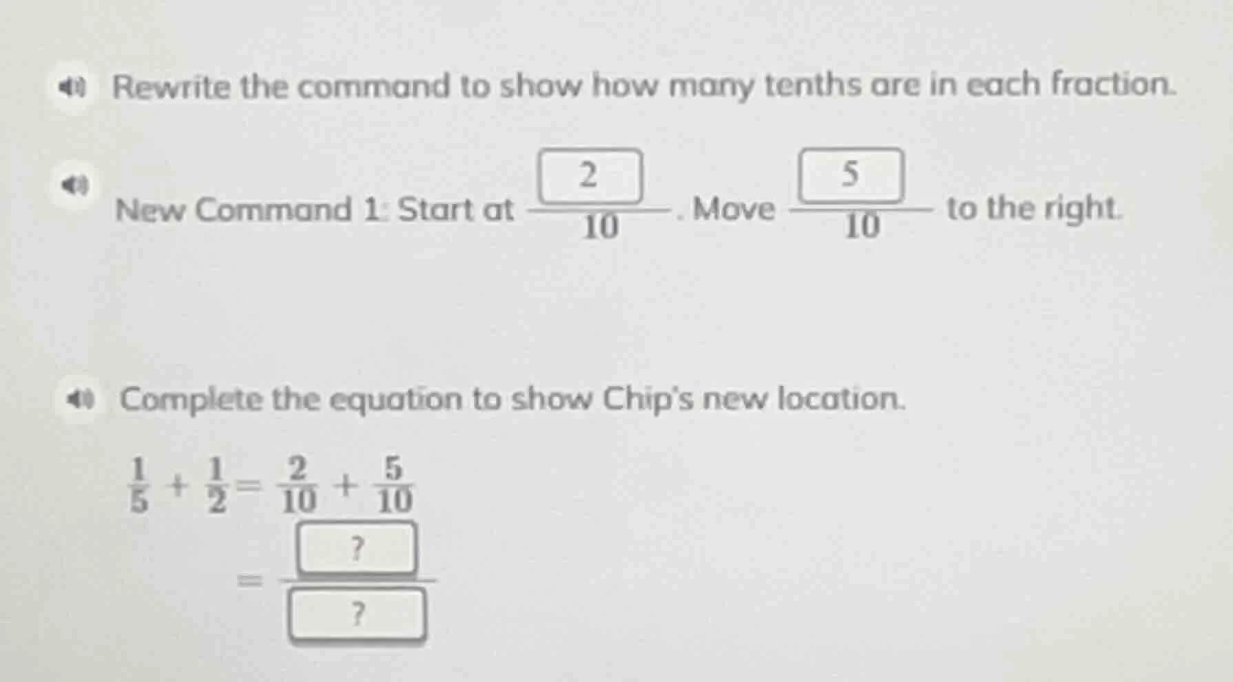 rewrite the command to show how many tenths are in each fraction. new c…