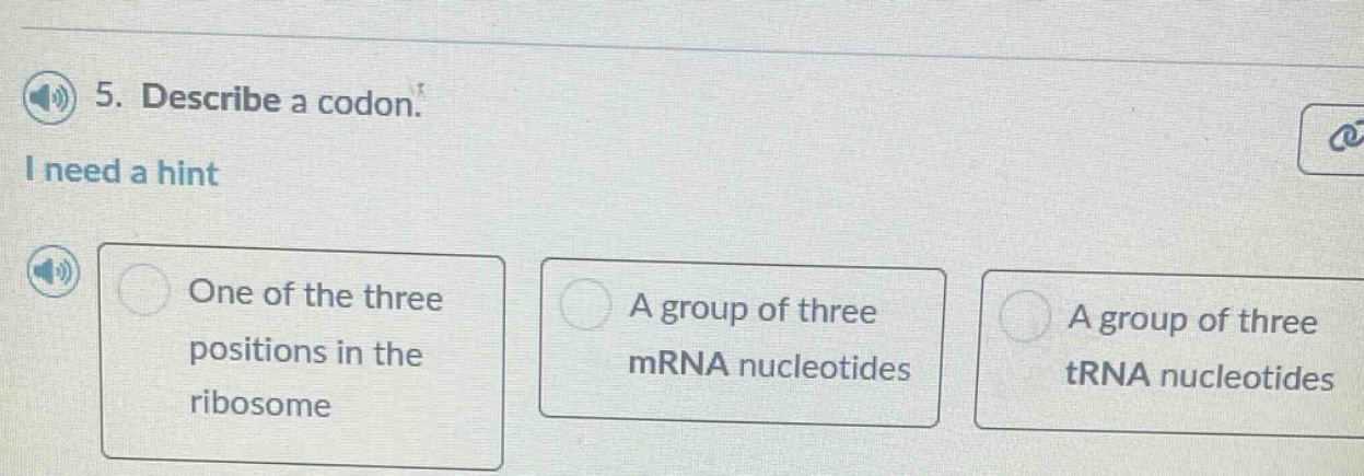5. describe a codon. i need a hint one of the three positions in the ri…