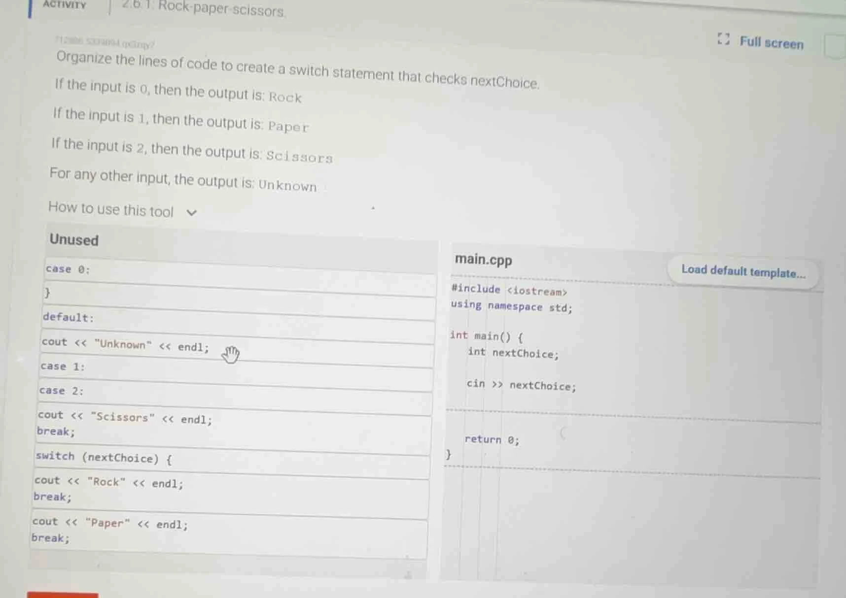 activity | 2.6.1: rock - paper - scissors. organize the lines of code t…