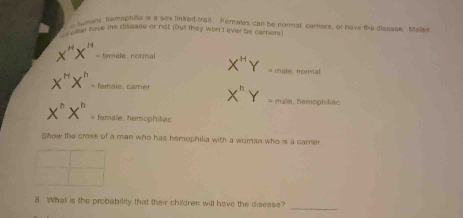 in humans, hemophilia is a sex linked trait. females can be normal, car…
